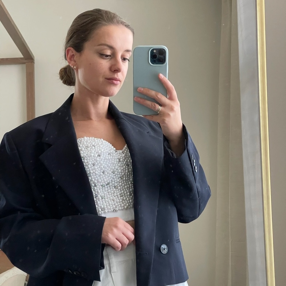 Mango Navy 100% Wool Blazer Classic Suit Jacket